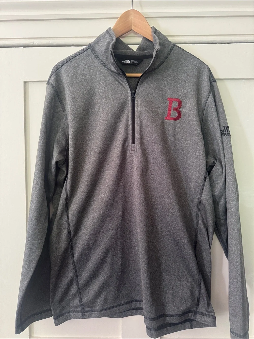 The North Face Men's Gray Quarter-Zip Pullover with Red 'B' Chest Accent